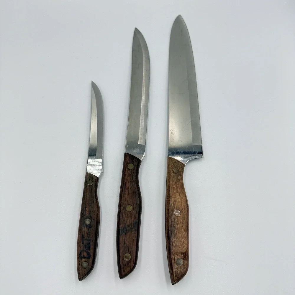VTG Royal Saber Japan Stainless Steak Chef Knife Set Wood Handle 3 Pc Midcentury